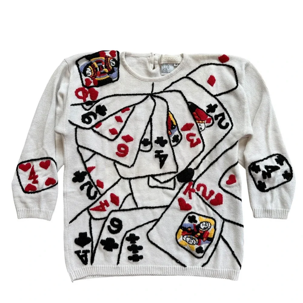 Maurada Vintage Playing Cards Knit Sweater Cream Ramie‎ Cotton Womens Medium